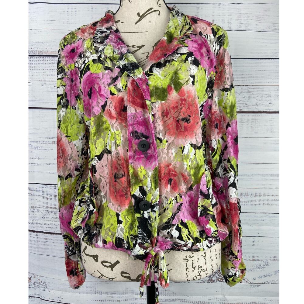 Linear Button Front Lace Shirt Womens M Floral Tie Front Roll Tab Nylon Stretch
